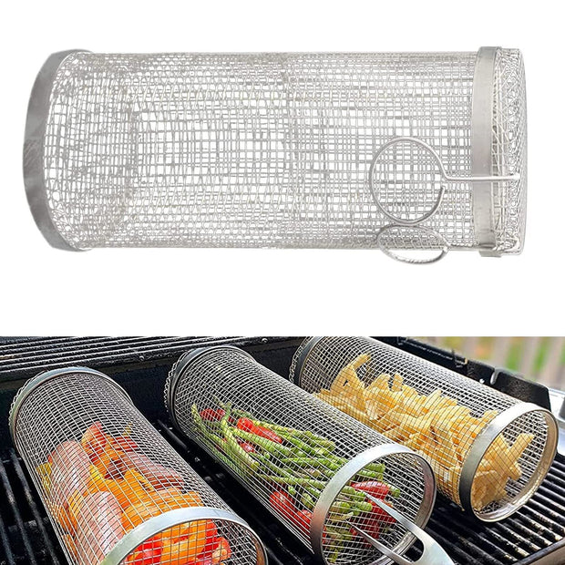 Rolling Grilling Basket Metal BBQ Barbecue Basket Net Portable Outdoor Camping Barbecue Rack Kitchen Gadgets